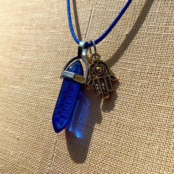 Hand Crafted Jewelry - Handmade Cobalt Blue Resin Crystal Amulet Necklace & Hamsa Hand Charm
